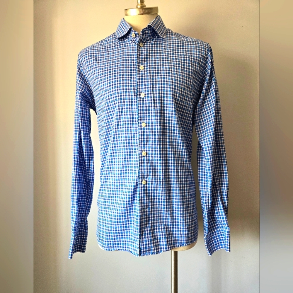 ETON Blue and White Checkered Slim Fit Men's Button Up Shirt. Size 43/17